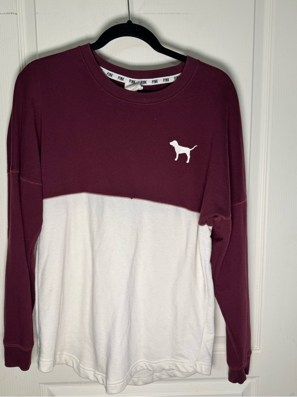 PINK Victoria's Secret Maroon and White Colorblock Long-Sleeve Sweatshirt